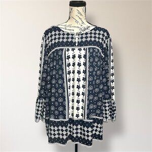 LOFT‎ XXL Blue Cream Floral Peasant Tunic Blouse Bell Sleeve Boho Cottagecore